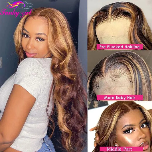 Highlight Body Wave 13x4 Lace Front Wig Brazilian 4/27 Colored Highlight Human Hair Wigs Transparent Lace Closure Wig Choice Wig