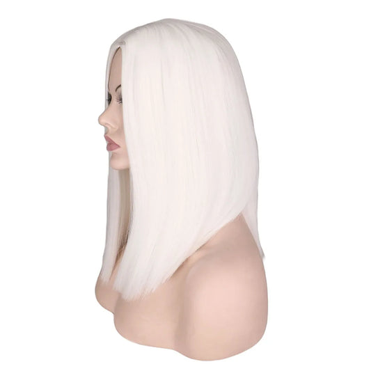 QQXCAIW Short Bob Wig Straight 14 Inch White Cosplay Party Costume High Temperature Fiber Synthetic Hair Wigs