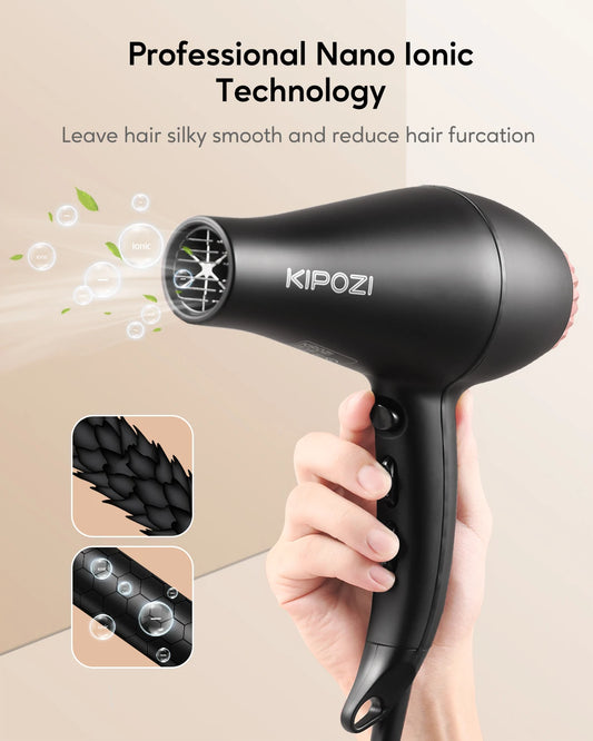 KIPOZI Professional 2200W Hair Dryers, Negative Ionic Blow Dryer with Diffuser and Airflow Concentrator, Fast Drying Time