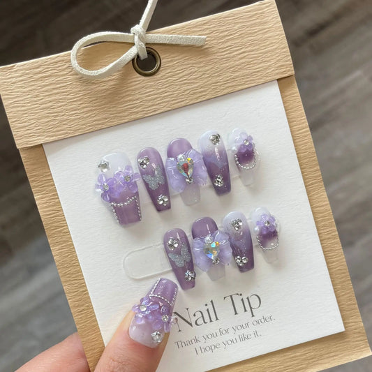 Handmade Purple Press on Nails with Glitter Design Reusable French Fake Nails with Glue Naitifical Fingernail Tips Nail Art Y2k