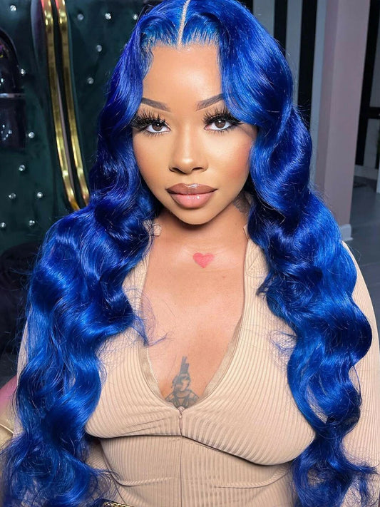 Navy Blue 13x4 Lace Front Body Wave Human Hair Wigs Brazilian Blue Colored HD Transparent Lace Front Wigs For Women Pre Plucked