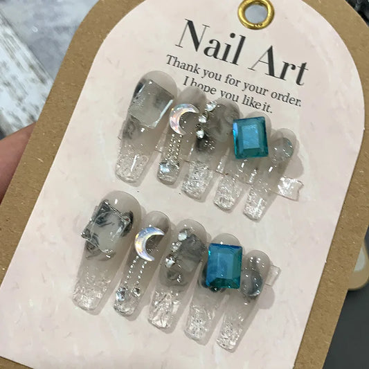 10 Pcs Wearing False Nails Fake Nails Pure Handmade 【Ice Crystal Blueberries】 Complimentary Nail Enhancement Kit