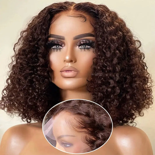 4# Colored Chocolate Brown Short Curly Bob Wig For Women 13x4 Lace Frontal Deep Wave Human Hair Wigs PrePlucked Natural Remy Wig