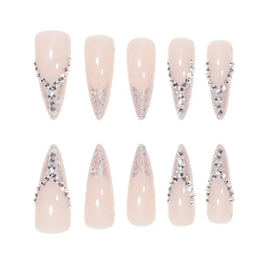 24Pcs French Almond False Nails Glitter with Rhinestones Wearable Fake Nails Artificial Simple Full Cover Press on Nails Tips