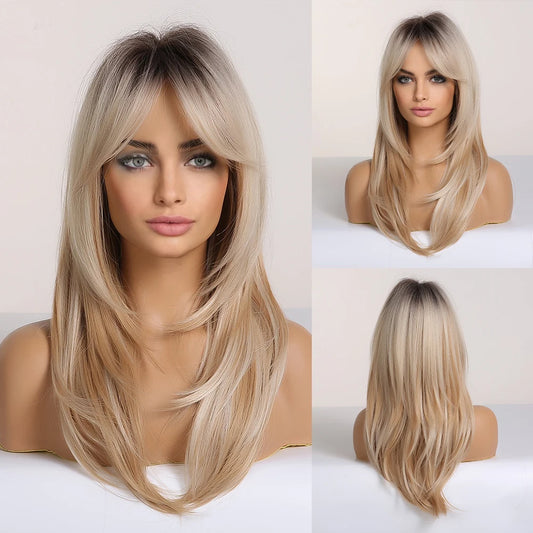 Blonde Unicorn Synthetic Long Natural Wave Wig Ombre Grey Brown for Women Heat Resistant Fiber Hair Wigs Daily Party Use