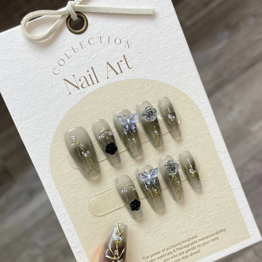 10pcs Gradient Color Pure Handmake Fake Nails Dark Sweet Cool Girl Mid-length False Nails For Professional Manicure Salon Art