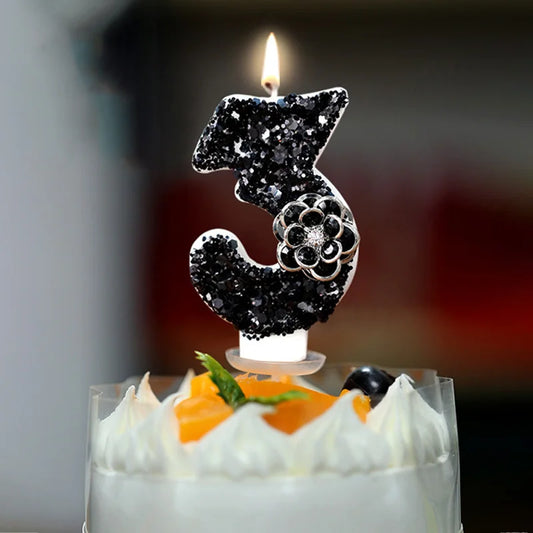 0-9 Shiny Black Flower Number Candle Creative Personality Handmade Birthday Party Wedding Festival Cake Cupcake Topper Decor