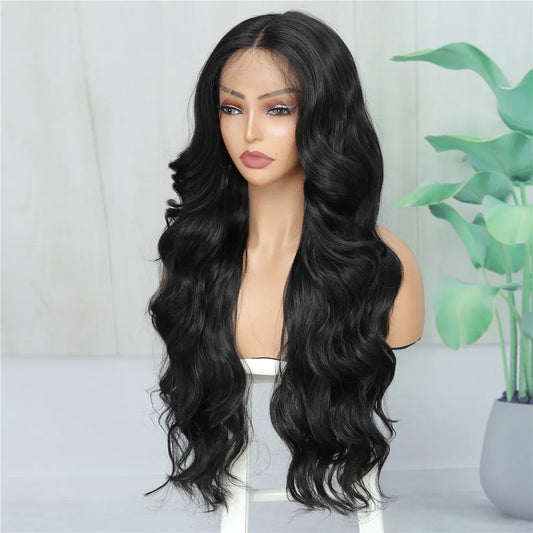 X-TRESS Long Body Wave Synthetic Lace Front Wig Middla Part Black Color Natural Hairstyle with Baby Hair Daily Wavy Hair Wigs