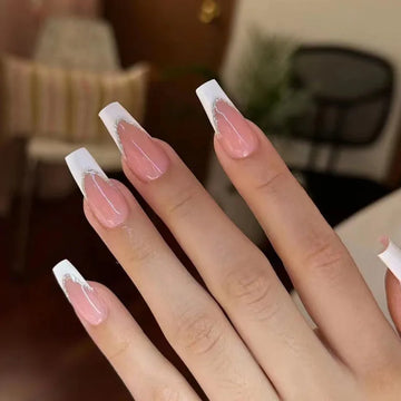 24Pcs Long Ballet Fake Nails Shiny White French Coffin False Nails Simple Wearable Manicure Press on Nails Full Cover Nail Tips