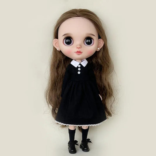 New Arrival Handmade Blythe Clothes Round Neck Long Sleeve Black Dress for Barbie Blyth OB24 Azone 1/6 Doll Accessories