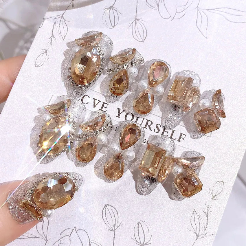 Glitter Large Crystal False Nails 24pcs 3D Rhinestone Pearl Decor