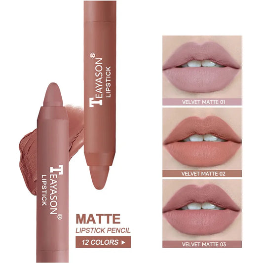 12 Colors Matte Lipstick Waterproof Velvet Nude Lipstick Pencil Sexy Red Brown Pigments Lips Makeup Long Lasting Lip Tint