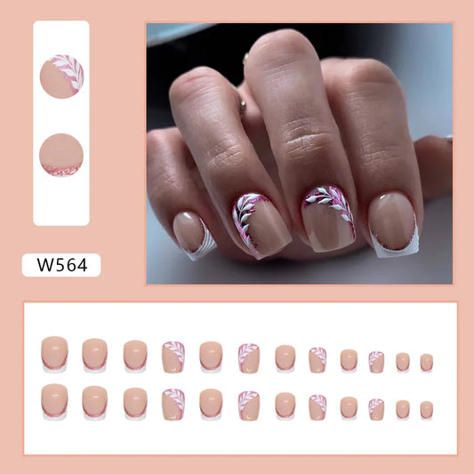 24pcs Simple Short Square Fake Nails Leaf Glitter Sequins French Nails Manicure Artificial Fingernail Nail Tips Press on Nails
