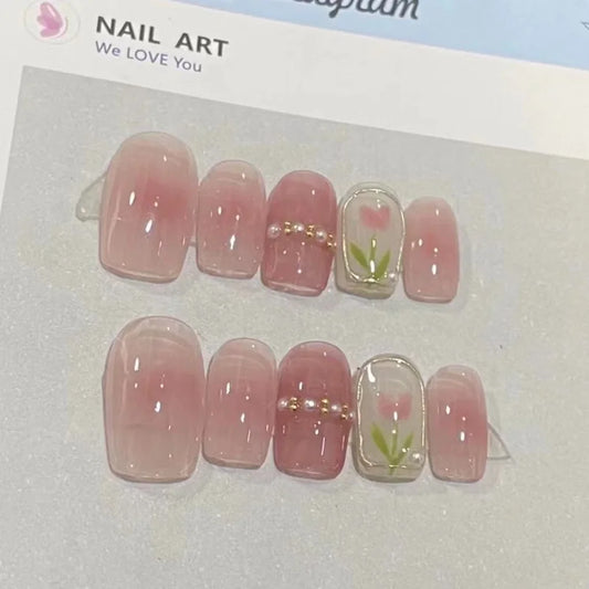 Spring Girl Blush Manicure Pearl Tulip Square Fake Nails Pink Sweet Handmade Nail Art Patches Girl Gift