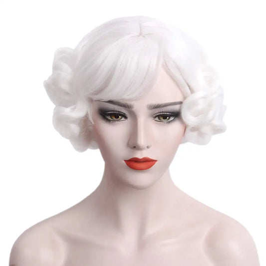 White Curly Hair Wig With Mrs. Bangs Cosplay Wigs Of Heat -resistant Short Layer Synthetic Floreta Parties