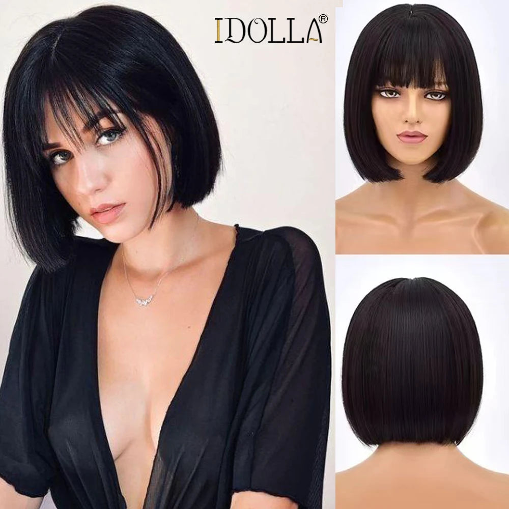 Idolla Short Bob Wig With Full Bangs Natural Color Synthetic Wigs For Black White Women Halloween Christmas Cosplay Lolita Hair