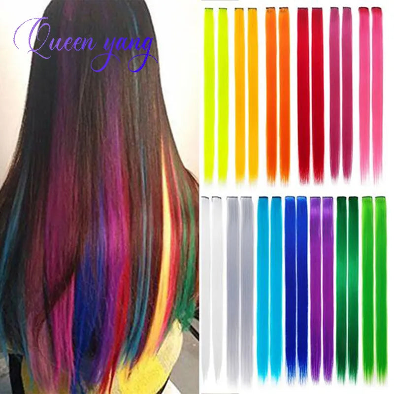 QUEENYANG Color Long Hair Straight Synthetic Heat-resistant Synthetic Extension Hair Rainbow Cord Clip on Hair Extension Wig