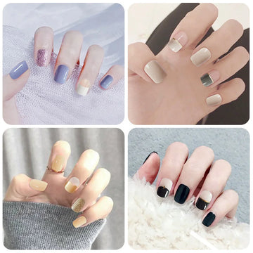 1 Box of  Fake Nails Solid Color Simple French Short Flat Head Full Coverage Self-adhesive Nail Wraps Manicure Tool