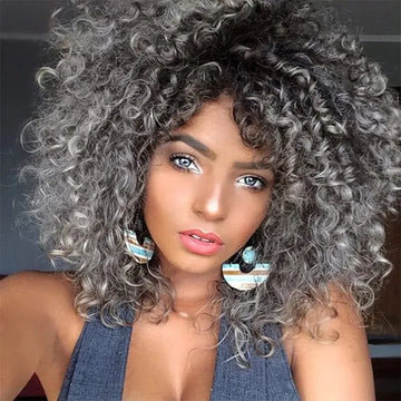 Synthetic Wig 14" Kinky Curly Natural Black Grey Ombre Hair Heat Resistant With Bangs Mixed Brown and Blonde Wig for Black Women