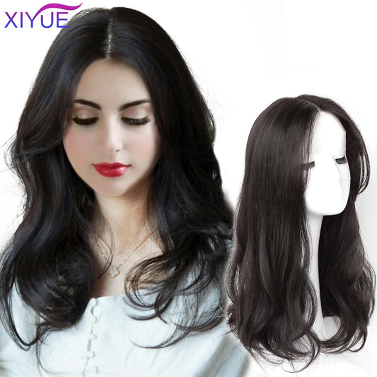 XIYUE Long Synthetic Curly Wigs With Center Bangs Natural Curly Dark Brown Wigs for Women Cosplay Wigs Heat Resistant Fiber Wigs