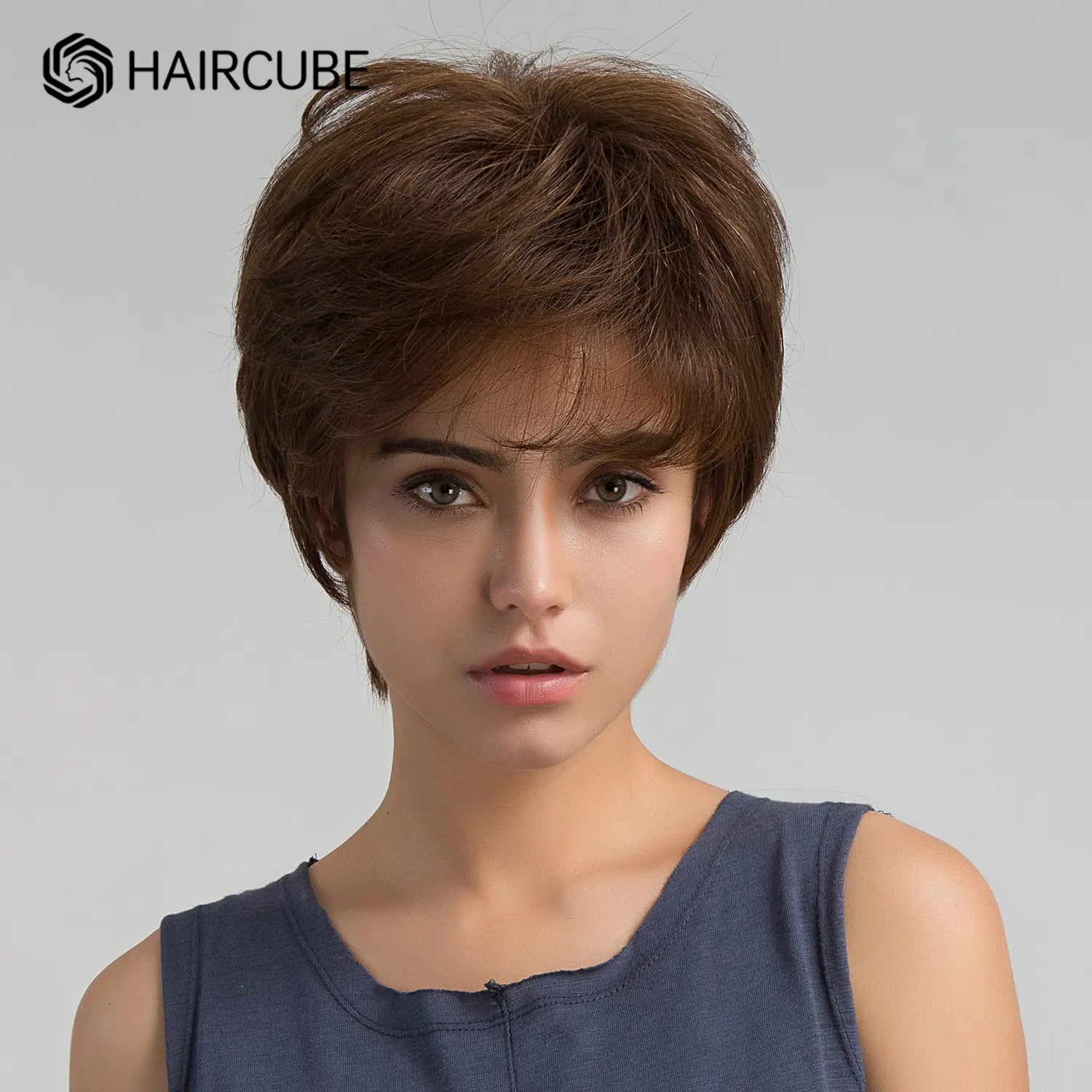 HAIRCUBE Short Chocolate Brown Human Hair Blend Wigs for Women Layered Pixie Cut Wig with Bang Natural Soft Heat Resistant Hair