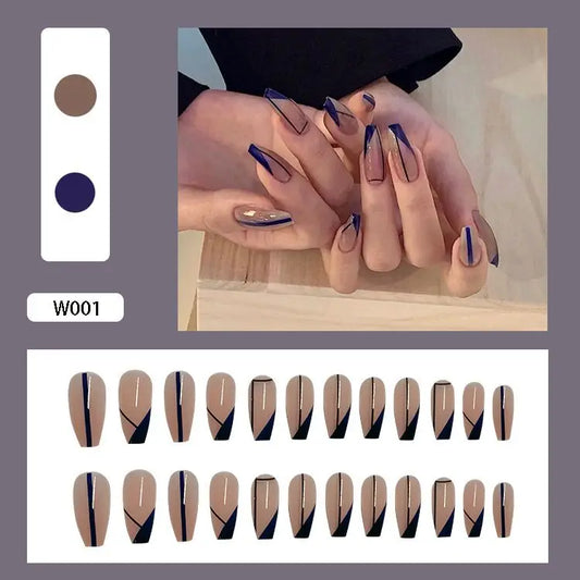 American punk style Blue Geometric line simple style false nails 24pcs with glue middle-long lady full nai ltisp Nail art