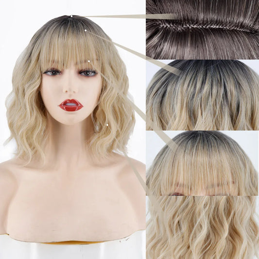 Synthetic Wig Short Platinum Blonde Ombre Wavy Wig Dark Roots with Bangs  for Women Shoulder Length Natural Looking Daily Use