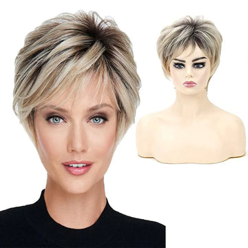 WHIMSICAL W Short Straight Ombre Blonde Wig with Bang for Women Synthetic Natural Hair Wig Dark Roots Heat Resistant Wigs