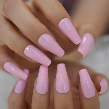 Echiq glansig kista falska naglar rosa långstorlek tjock faux ongles ballerina press på naglar återanvändbara fyrkantiga manikyrtips 24
