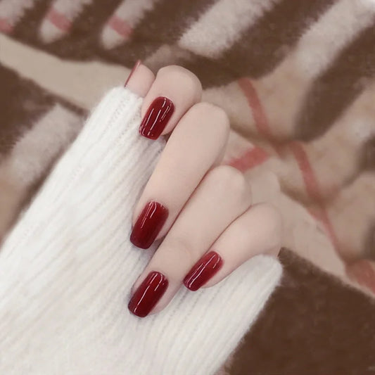 24 -stcs/set eenvoudig ontwerp pure kleur nep nagel lange nail art tips met lijm dames sexy wijn rode kleur valse nagels