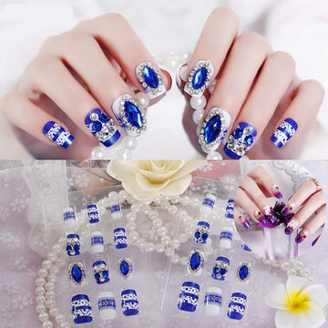 24 -stcs/set nep nagels druk op meisjes vinger schoonheid valse nail art tips helder glanzende 3D diamant volledige omslag Franse nail art tips