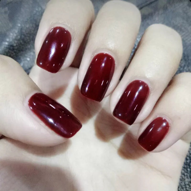 24 -stcs/set eenvoudig ontwerp pure kleur nep nagel lange nail art tips met lijm dames sexy wijn rode kleur valse nagels