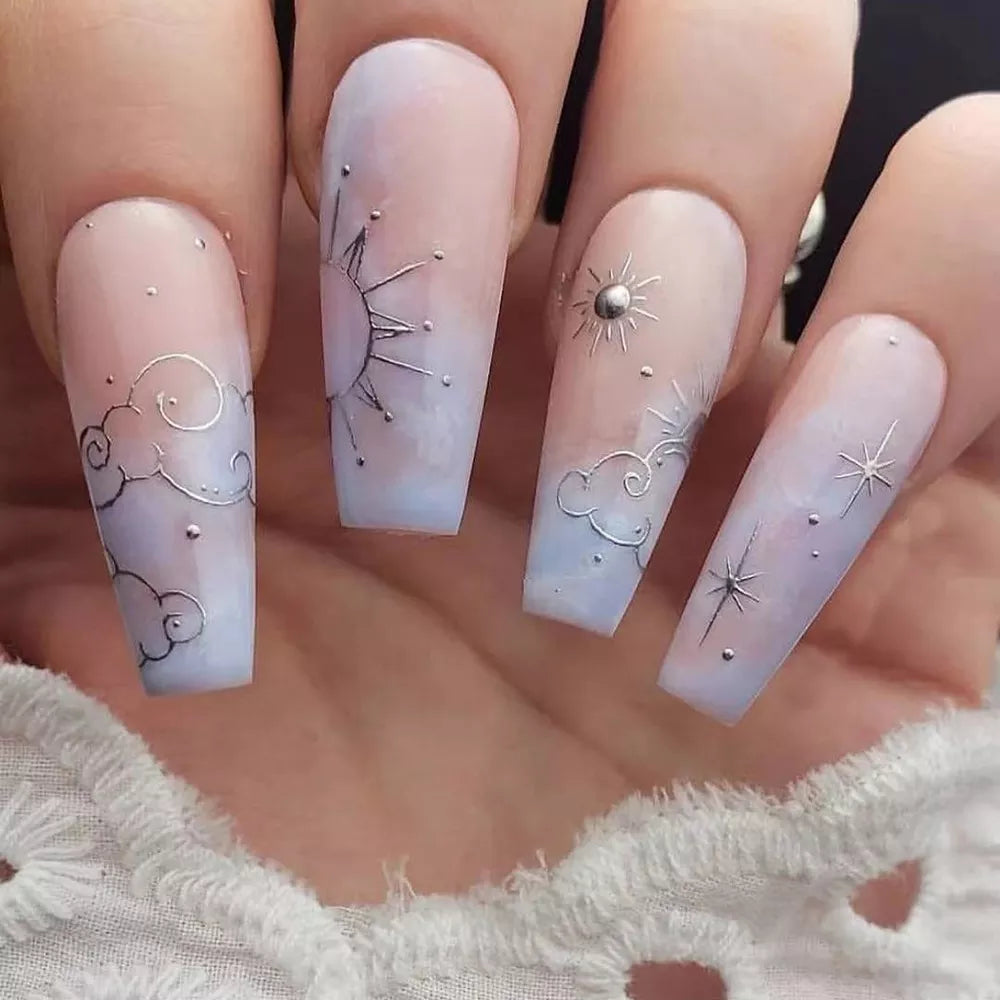 24st Gradient Long Ballet False Nails Simple Constellation Mönster Design Wear Fake Nails Press On Nails Full Cover Nail Tips