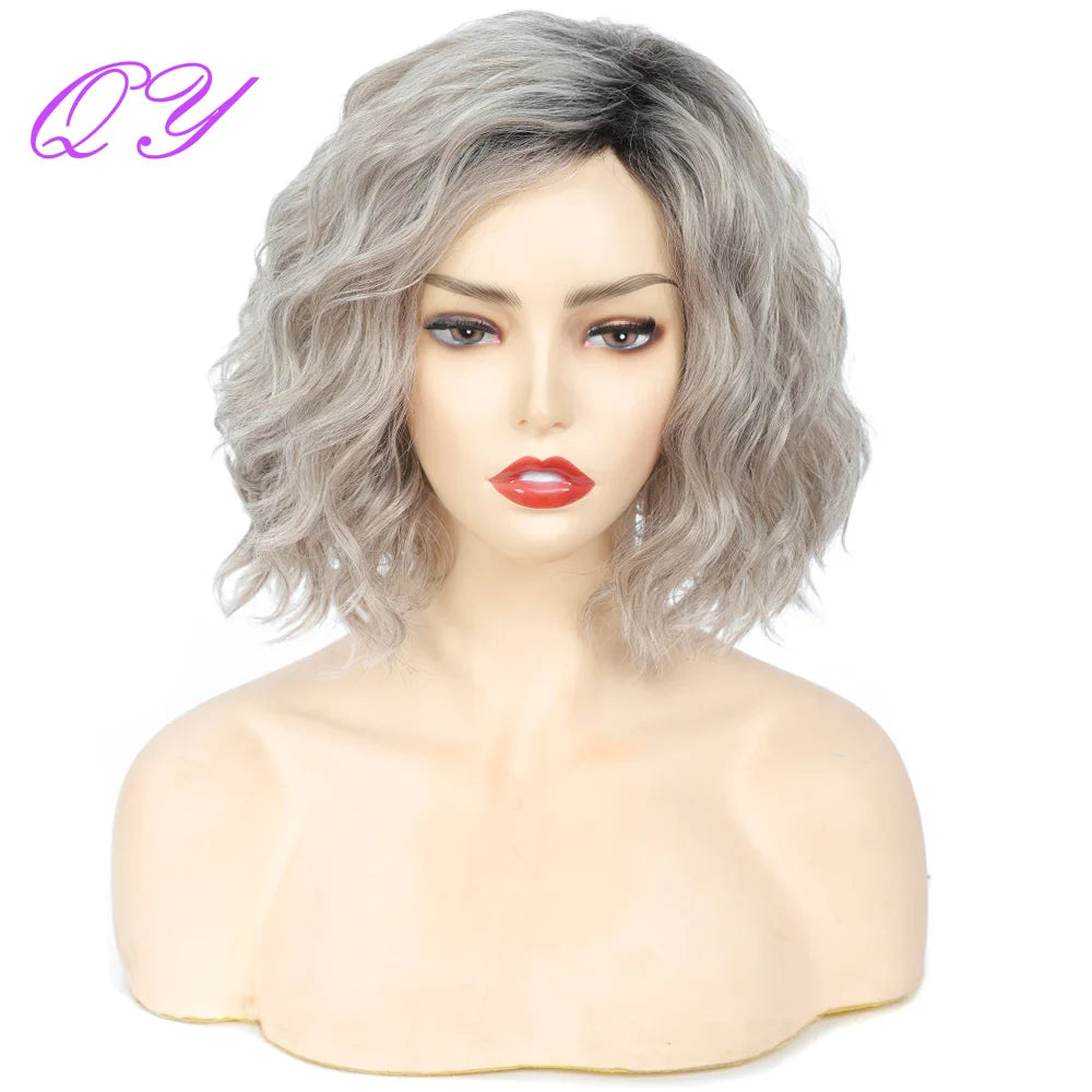 Natural Synthetic Short Women's Wigs Black Ombre Silver Gray Water Wave Hair Party Or Daily Fashion High Temperature Ladies Wig
