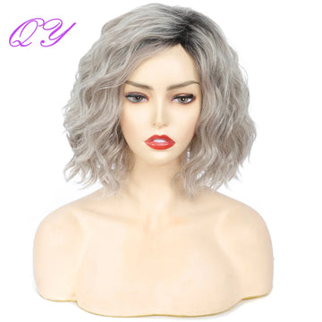 Natural Synthetic Short Women's Wigs Black Ombre Silver Gray Water Wave Hair Party Or Daily Fashion High Temperature Ladies Wig