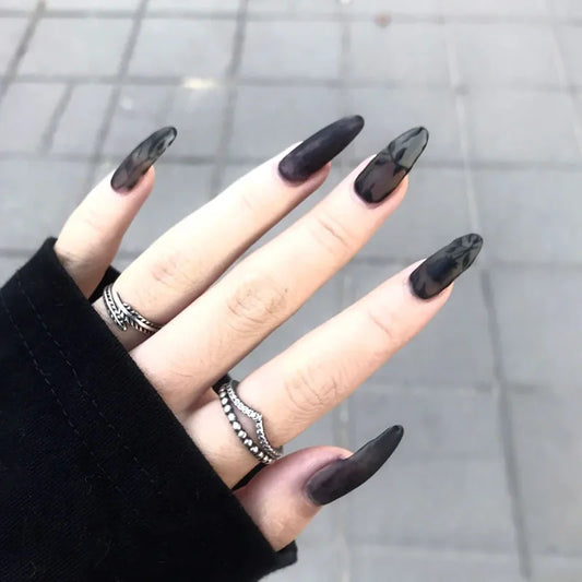 24 -stcs zwarte kleur zoete coole druk op nagels elegante glitter nep edelsteen valse nagels korte ronde kop afneembaar valse nagel