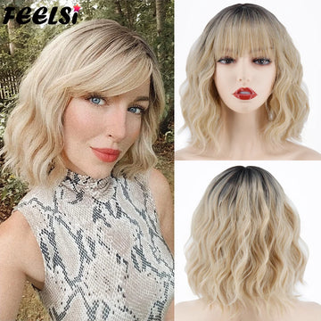 Synthetic Wig Short Platinum Blonde Ombre Wavy Wig Dark Roots with Bangs  for Women Shoulder Length Natural Looking Daily Use