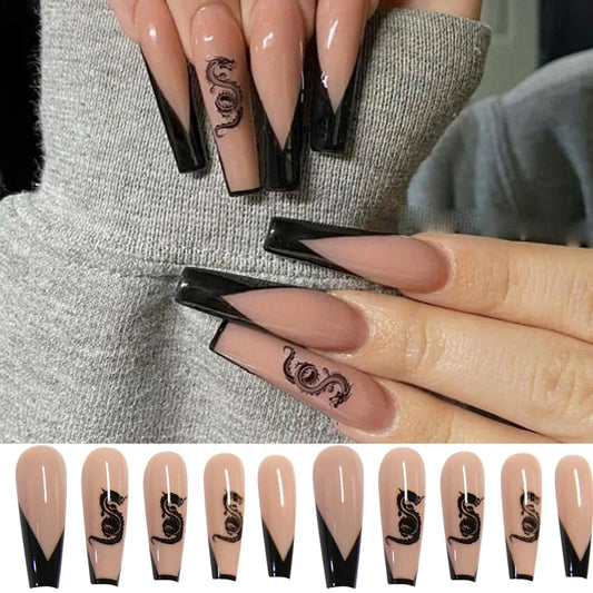24st Black Simple Long Ballet False Nails With Dragon Pattern French Design Wearable Fake Nails Art Press On Nails Tips