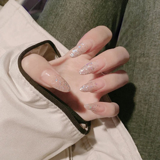 24st Fake Stick On Nails Shiny Long Parsraf mode borttagbar manikyrlapp Tryck på naglar Långt stilett fullt omslag för tjej