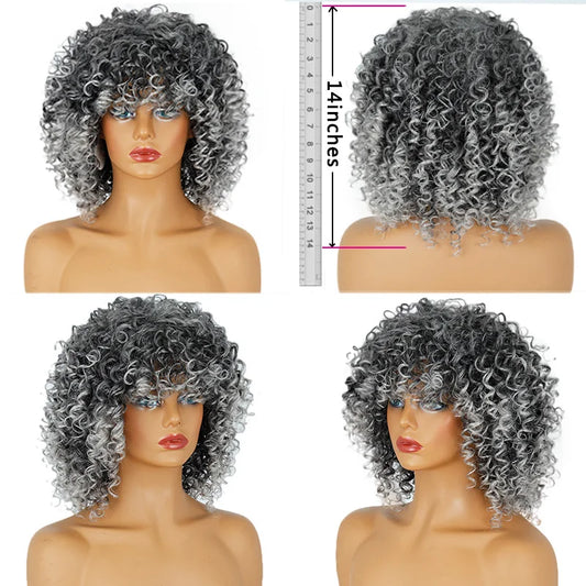 Synthetic Wig 14" Kinky Curly Natural Black Grey Ombre Hair Heat Resistant With Bangs Mixed Brown and Blonde Wig for Black Women