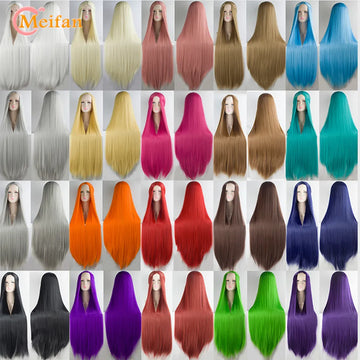MEIFAN Synthetic Lolita Cosplay Wig Blonde Blue Red Pink Green Purple Hair for Cosplay Party 100CM Long Straight Wigs for Women
