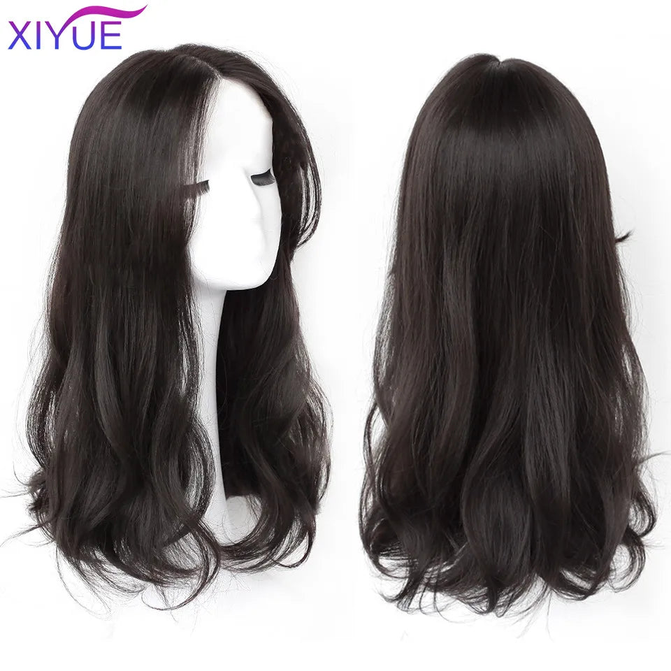 XIYUE Long Synthetic Curly Wigs With Center Bangs Natural Curly Dark Brown Wigs for Women Cosplay Wigs Heat Resistant Fiber Wigs