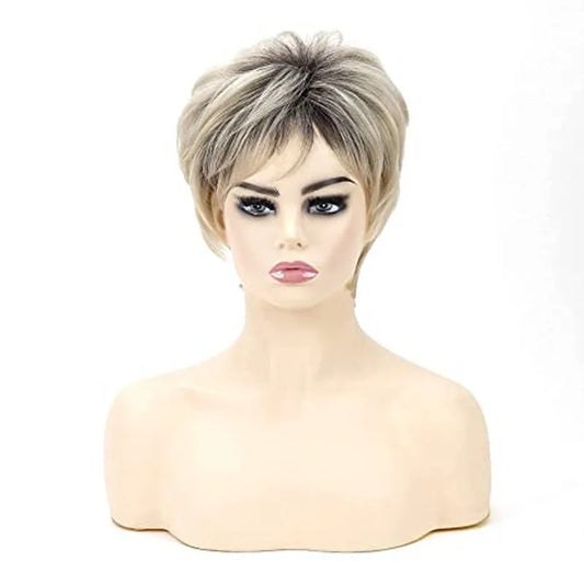 WHIMSICAL W Short Straight Ombre Blonde Wig with Bang for Women Synthetic Natural Hair Wig Dark Roots Heat Resistant Wigs