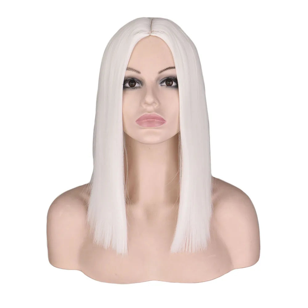 QQXCAIW Short Bob Wig Straight 14 Inch White Cosplay Party Costume High Temperature Fiber Synthetic Hair Wigs