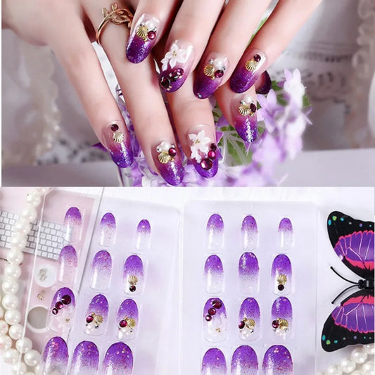 24pcs/Set gefälschte Nägel Press auf Mädchen Finger Schönheit falsche Nägelkunst Spitzen hell glänzender 3D -Diamant Full Cover französische Nagelkunsttipps