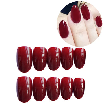 24pcs/Set Gorgeous Wine Red False Nails With Glue Middle Long Round Head Full Nail Tips Finished Fake Nail artificial nails