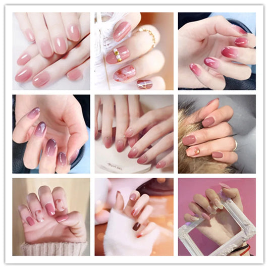 24 piezas de uñas postizas, cubierta completa de uñas postizas de cristal, elegante gradiente rosa, uñas cortas francesas, forma de elipse, uñas postizas cortas