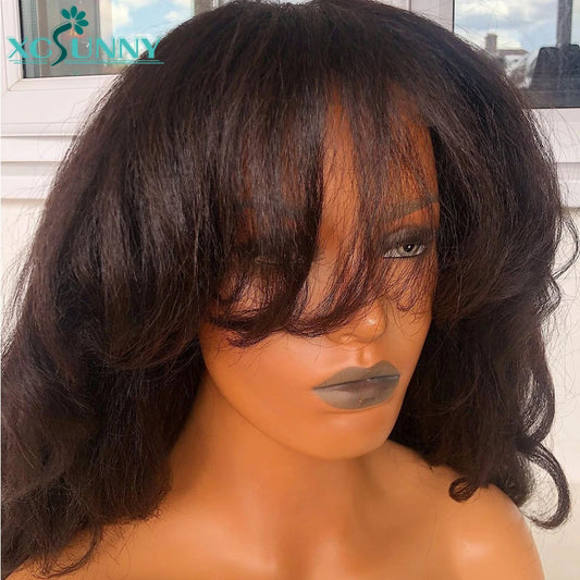 Bang Wig Human Hair Brazilian Machine Made Scalp Top Wig Wavy Yaki Human Hair Wig With Bangs Chocolate Brown Wigs For Women