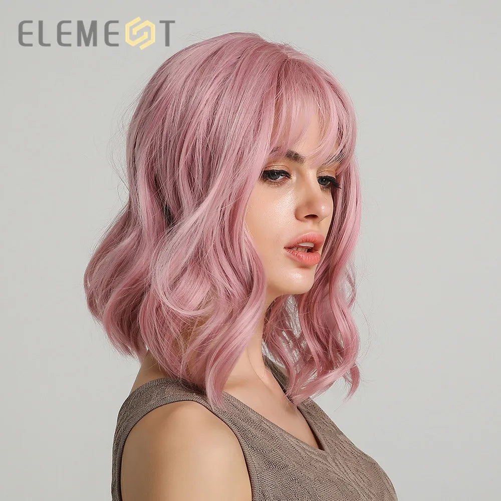 Element Short Natural Wave Hair Synthetic Pink Brown Beige Purple Wigs with Air Bangs for White/Black Women Cosplay Party