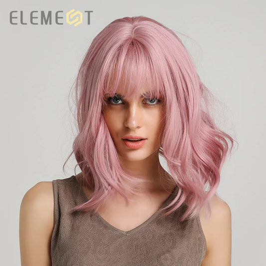 Element Short Natural Wave Hair Synthetic Pink Brown Beige Purple Wigs with Air Bangs for White/Black Women Cosplay Party